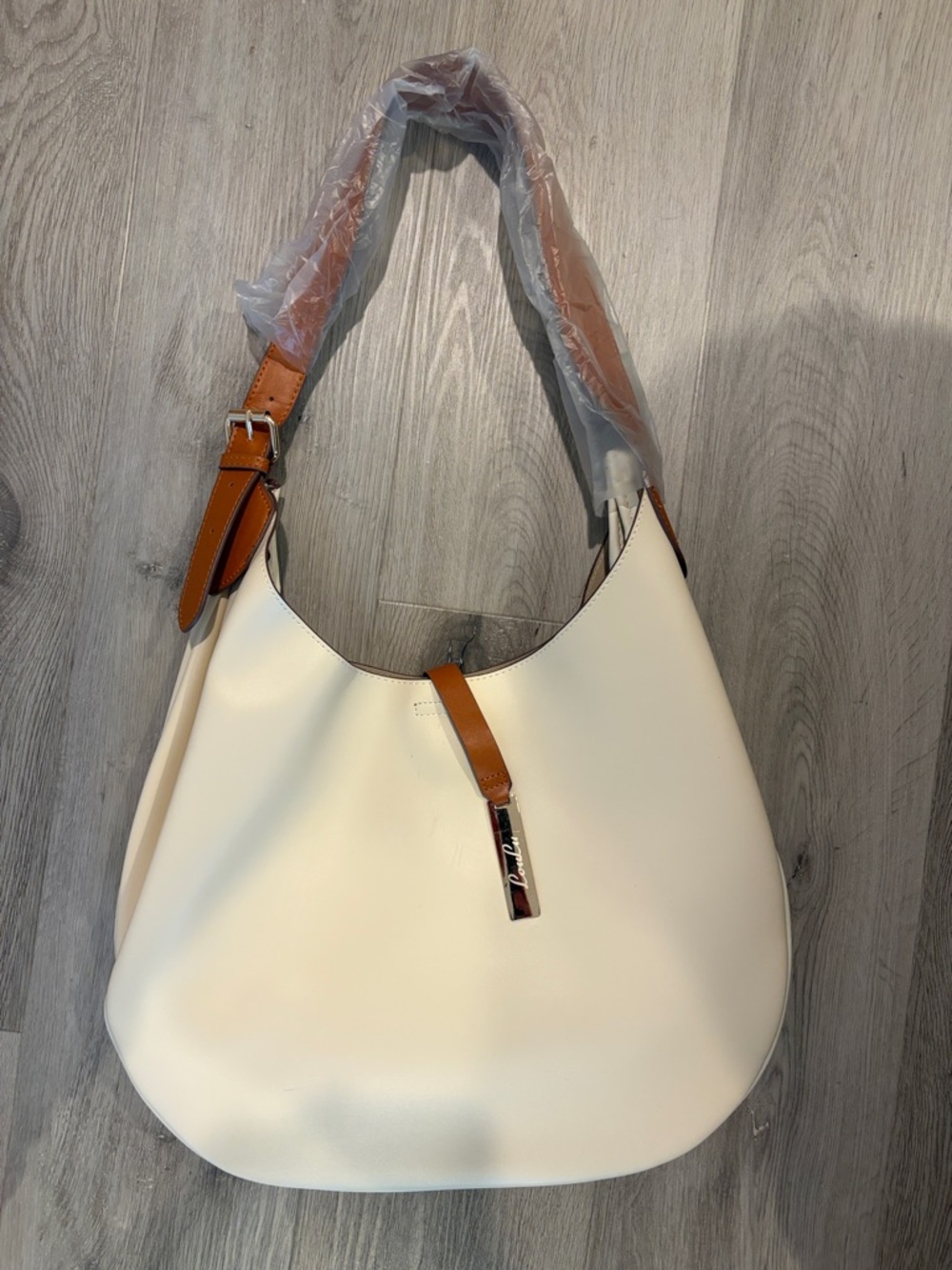 Cream Shoulder Hobo Bag with Tan Strap and Accent